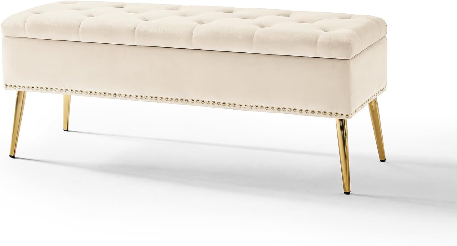 HULALA HOME Sitzbank mit Stauraum, Sitztruhe mit Nailhead-Besatz, Bettbank aus Samt, Bank mit goldenen Metallbeinen für Flur, Eingangsbereich, Wohnzimmer, Schlafzimmer, Tan (Beige)