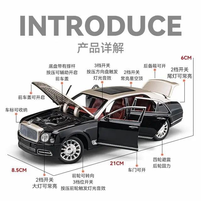Image of Bentley MULSANNE 1:24 Diecast Scale Model Metal Pull Back Toy car for Kids with Openable Doors & Light, Music Toy Vehicle for Kids (Gold+Black)