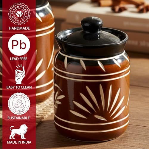 Image of Printed Ceramic Handglazed Pickle Jars Set of 1-1000 ML Each | 1 kg Achaar Martban Barni Jar with Lid | Ceramic Storage Jar Container Pickle /Achar, Chatney
