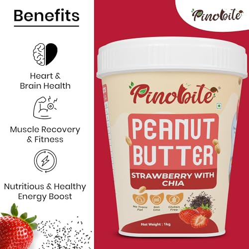 Image of Pinobite Strawberry Flavored Peanut Butter Crunchy 1kg, 100% Roasted Peanuts & Chia Seeds Unsalted, Unsweetened, Gluten-Free, High-Protein 24gm, Healthy Spread for Breads, Smoothies