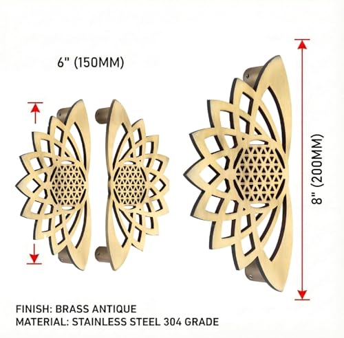 Image of Lotus Door Pull Handle | Traditional Indian Design | Stainless Steel SS 304 | Brass Antique Finish | Pooja Door, Home & Outdoor Decor (6 Inch)