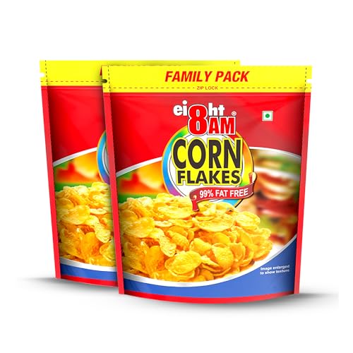 Image of 8AM Cornflakes Family Pack 1 Kg (Pack Of 2), 92% Corn, 99% Fat Free, No Cholesterol, Trans Fat, Vitamin B3 & Iron, Crunchy & Nutritious Whole Grain Breakfast Cereal