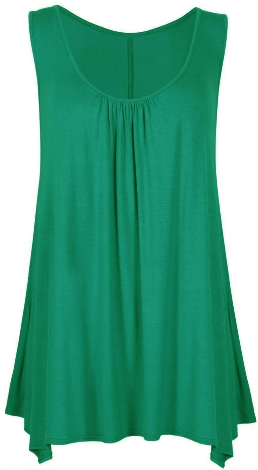 Crazy Girls Girls Green Plain Crazy Womens Gathered Round Neck Stretch Swing Long Vest Flared Hanky Top (3Xl, )