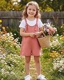HINTINA 3T Toddler Little Girl Linen Pastel Pink Overalls Shorts Adjustable Loose Jumpsuit Beach Romper Casual Summer Outfits 2 Pieces Short Sleeve Clothes Set, 3-4 Years, Dusty Pink
