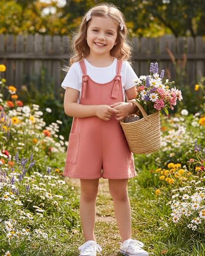 Image of HINTINA Toddler Girl Overall Shorts Set Adjustable Loose Jumpsuit Short Sleeve T-shirt Vacation Summer Outfits with Pockets