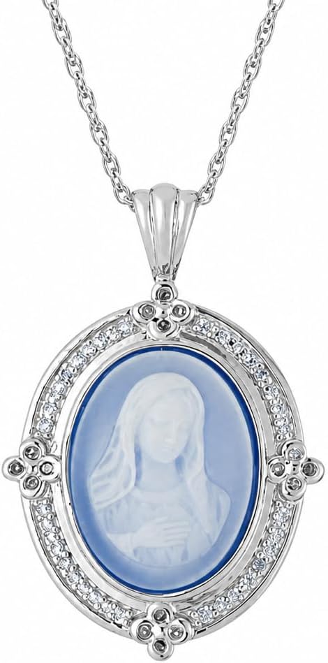 MORGAN & PAIGE Collar Virgen María o Mariposa Chapado en Rodio de Plata | Ágata azul genuina y diamante o ágata verde genuina - Regalo de joyería de plata esterlina Cameo para ella, 18 pulgadas