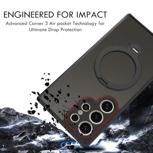 Image of RIGGEAR Shockproof Tough Hybrid Armor 360 Rotating Magnetic Ring Stand Back Cover Case Compatible with MagSafe Accessories for Samsung Galaxy S24 Ultra (Smoke Black Matte PC and Black TPU Bumper)