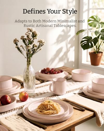 Image of Famiware Stoneware Dishes Dinnerware Sets for 6, Plates and Bowls with Trim