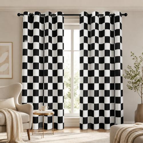 MYSKY HOME 100% Blackout Buffalo Plaid Checkered Linen Curtains 84 inch Long 2 Panels Double Layer Thermal Insulated Farmhouse Rustic Pattern Drapes for Bedroom Living Room W52 inch Black