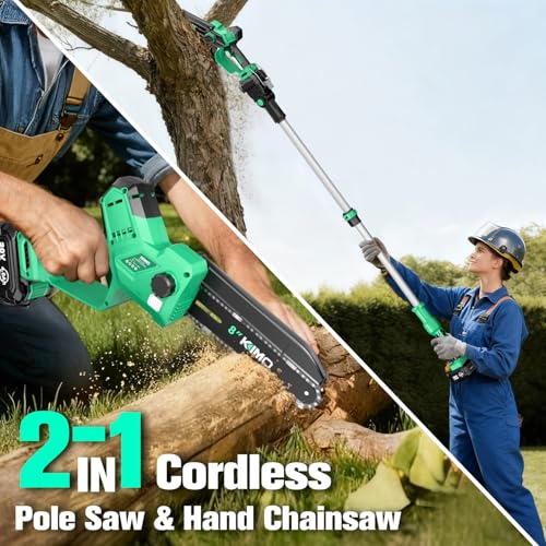 Image of KIMO 2-IN-1 Electric Pole Saws for Tree Trimming, 8 inch Mini Chainsaw Cordless, 16FT Max Reach Extension Pole, 2x4.0Ah Batteries,Fast Charger, Brushless Pole Chain Saw for Tree Trimmer Limb Branch Cutter