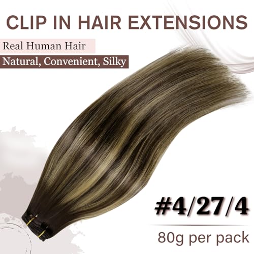 Hetto Clip in Hair Extensions Real Human Hair Balayage Brown Mix Blonde 20 Inch, Comfortable Human Hair Clip in Extensions - Image 2