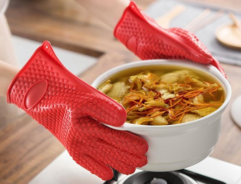 Guanti da barbecue in silicone, resistenti al calore, resistenti al calore, per maneggiare cibi caldi, coppia impermeabile e durevole