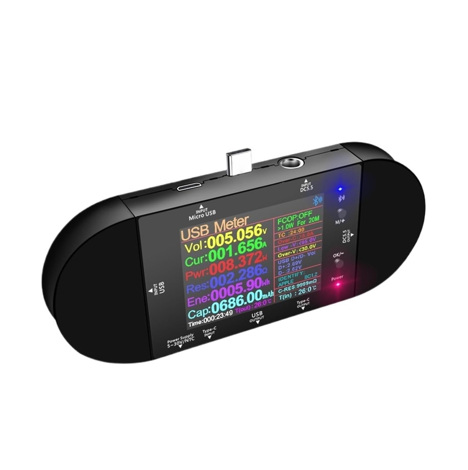 2.4 calowy Tester USB DC5.5 Type-C woltomierz cyfrowy amperomierz Power Bank detektor napięcia dla ładowarek kabel Power Bank Szeroka kompatybilność(UD24 add 18pcs)