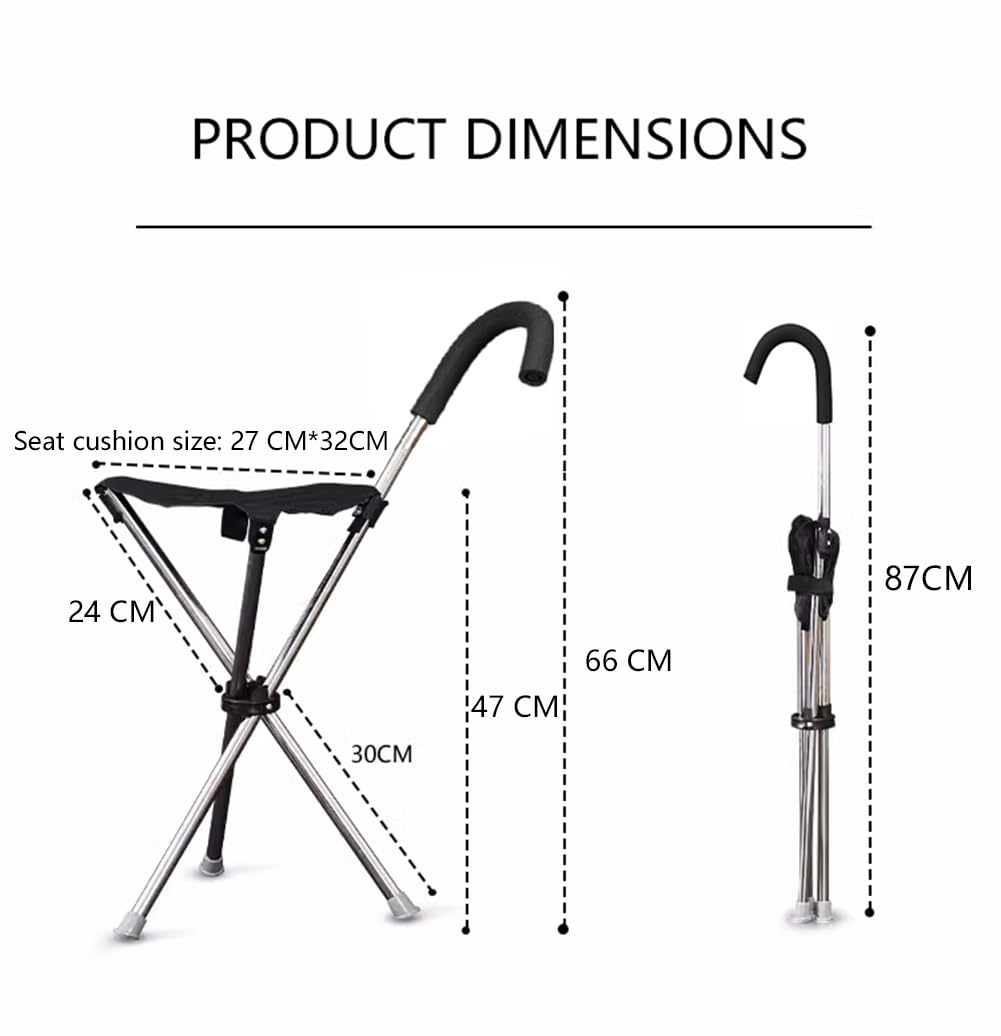 Bastone da passeggio con seduta, sgabello portatile, leggero fino a 0,9 kg, adatto per uomini, donne, anziani, disabili (manico curvo, nero)