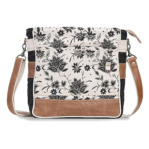 Image of CLA Bags SEL de MER Upcycled Olive Green Blossom Print Canvas & Leather Shoulder Bag, Canvas Crossbody Bags for Women