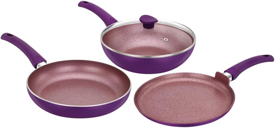 PREMIER 4 Piece Non Stick Granite Induction Cookware Set (26 cm Fry Pan, Wok with Glass Lid, Dosa Tawa) - Silver