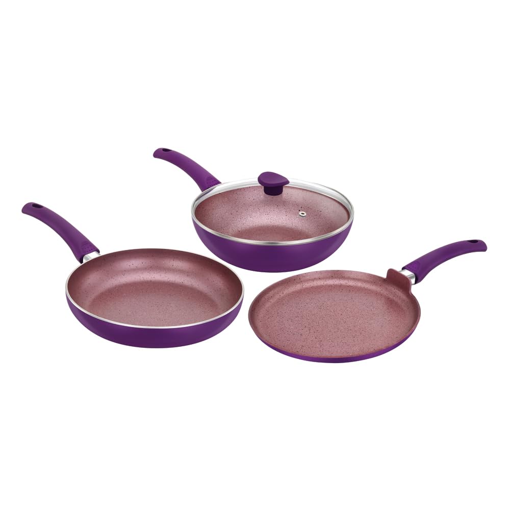 PREMIER 4 Piece Non Stick Granite Induction Cookware Set (26 cm Fry Pan, Wok with Glass Lid, Dosa Tawa) - Silver