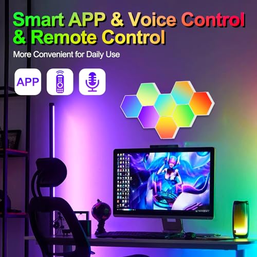 Image of Hexagon LED Light Panel, 8 Pack Smart APP and Remote RGB Wall Lamp with Cool Music Sync for Gaming Room Bedroom