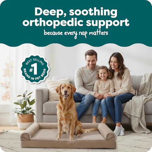 Image of Furhaven Orthopedic Dog Bed for Large Dogs w / Removable Bolsters & Washable Cover, For Dogs Up to 95 lbs - Luxe Faux Fur & Performance Linen Sofa - Woodsmoke, Jumbo /XL