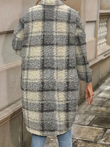 Trench Coat Women Long Flannel Plaid Jacket Shacket Cozy Lapel Button Down Shirt Jackets Fuzzy Peacoat with Pockets2
