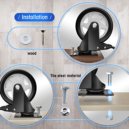Image of 5 inch Caster Wheels Set of 4, Heavy Duty Casters with Brake, No Noise Locking Casters with Polyurethane (PU) Wheels, Swivel Plate Castors Pack of 4