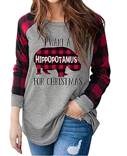 I Want A Plaid Hippopotamus for Christmas Baseball T-Shirt Women's Plaid Graphics Raglan Long Sleeve T-Shirt Tees Tops (Gray, Small)