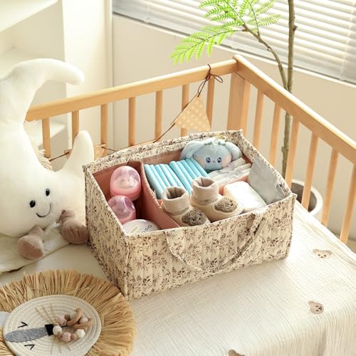 MOMIGO Floral Baby Diaper Caddy Organizer - Stylish Water-resistent Nursery Storage Basket for Diapers and Baby Wipes, Diaper Stacker Car Organizer, newborn nursery Gift (Orange) - Image 3