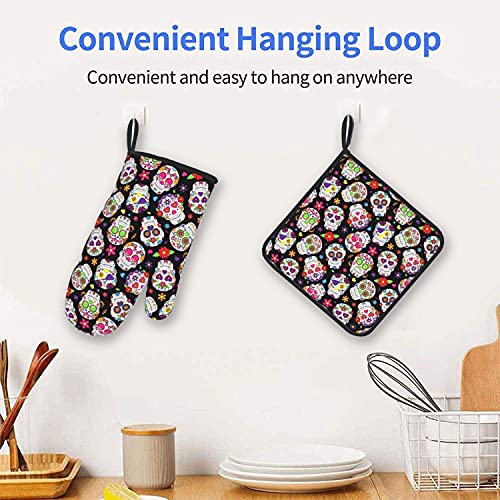 Day Of The Dead Sugar Skull Oven Mitts And Pot Holders Sets,Halloween Heat Resistant Non Slip Kitchen Gloves Hot Pads With Inner Cotton Layer For Cooking Bbq Baking Grilling #TOP5