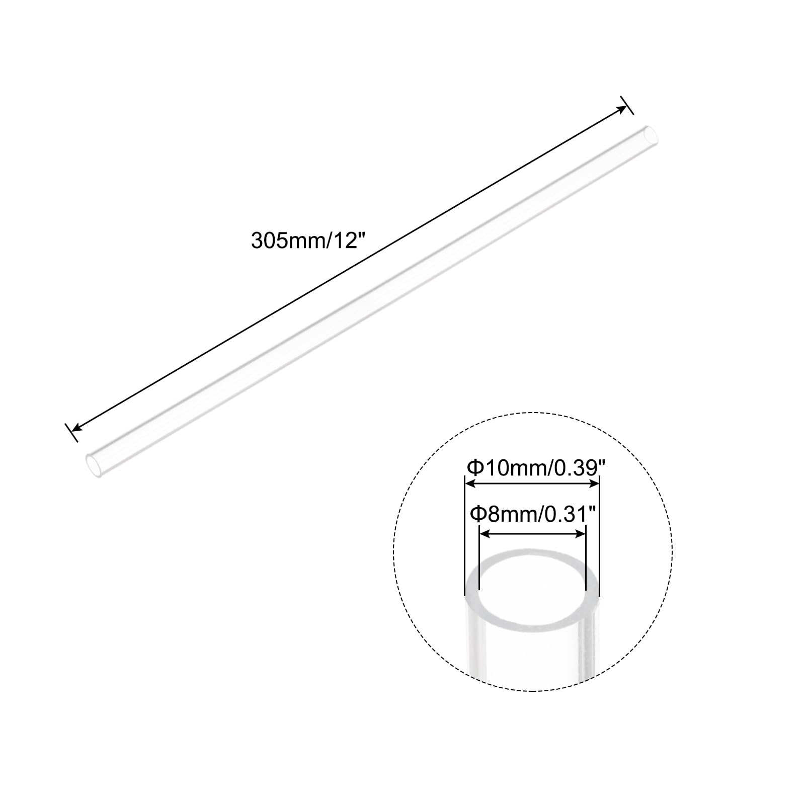 Tubo Tondo Rigido in Acrilico Trasparente 8mm ID 10mm OD 12"