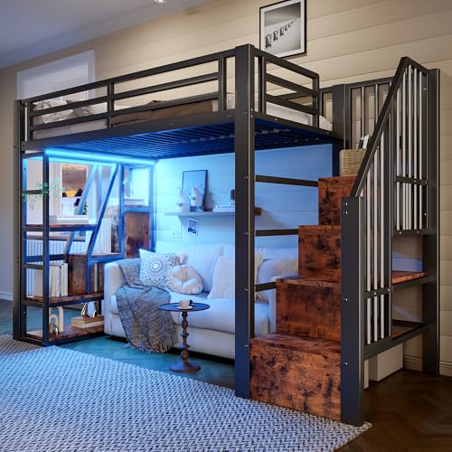 KecDuey Cama alta 90 x 200 cm, cama de metal, marco de hierro, compartimento de almacenamiento, escalones integrados, barandilla protectora, escalera, con barra de luz LED, espacio abierto debajo de