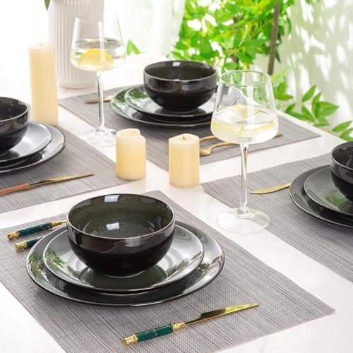 Image of LeRatio Ceramic Dinnerware Sets for 6,Plates and Bowls Sets,Handmade Reactive Glaze Dishes Set,Chip Resistant and Scratch Resistant | Oven&Dishwasher & Microwave Safe,Service for 6-Green (18PCS)