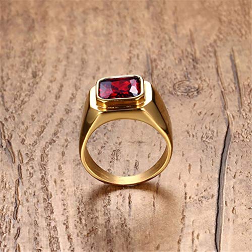 Pmtier Men's Stainless Steel Simple Gold Plated Ring With Square Red Gem Stone Size 10 #TOP4