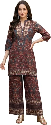 Kalaanj Women’s Printed 2 Piece Co-ord Set | Palazzo Short Kurti Set | Regular Fit with Elastic Waistband | Stylish Festiv...