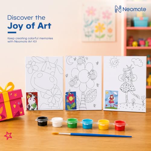 Image of Neomate Canvas Painting Kit for Kids | DIY Painting Set with 3 Printed Canvas, 6 Acrylic Paint Pots & Brush | Art and Craft Kit, Paint Kit for Kids, Birthday Gift, Return Gift, Creative Activity Set