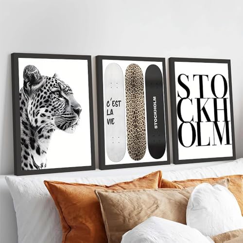 BeiYiHo 3 Tableau Decoration Murale Moderne Noir et Blanc Leopard Citation Affiche Poster Mural Pop Art Impression sur Toile Deco Chambre Ado Adulte Cadeau 30x40cm sans Cadre