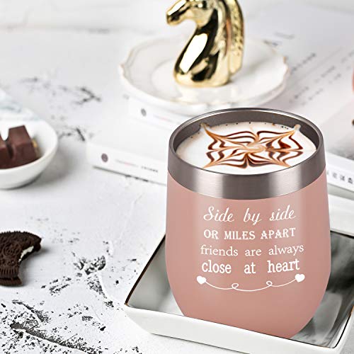 Side By Side or Miles Apart Friends Are Always Close at Heart Wine Tumbler with Lid and Straw, 12 Oz Stainless Steel Insulated Wine Tumbler Idea for Friends Girlfriend Coworker, Blush Gold - Thumbnail 2