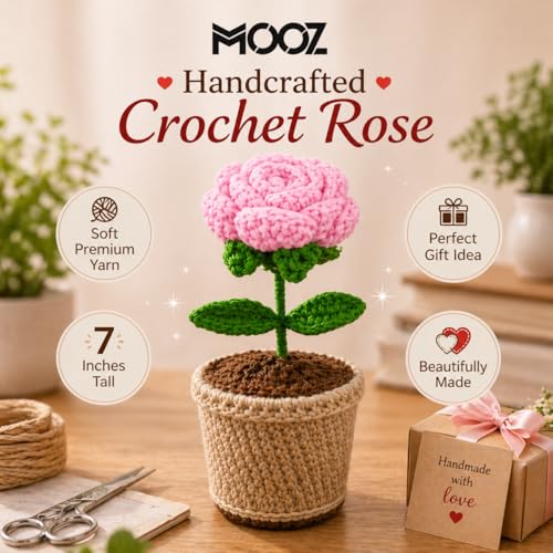 Image of Handcrafted Crochet Flower Pot | 7 Inch Handmade Wool Flower Plant | Premium Soft Yarn Decor | Cute Desk & Home Decoration | Unique Gift for Birthday, Anniversary & Valentine (Pink Rose)