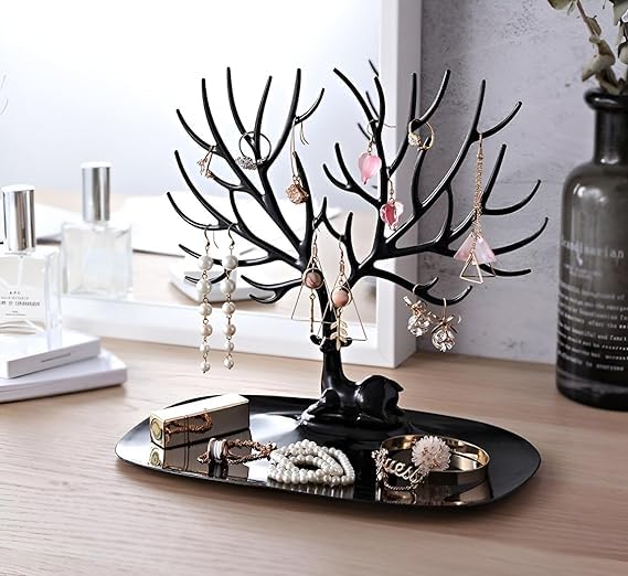 Plastic Deer/Antlers Jewelry Holder Deer Tree | Creative Sika Deer Tree Tray Display Stand Holder (Black)-image-5