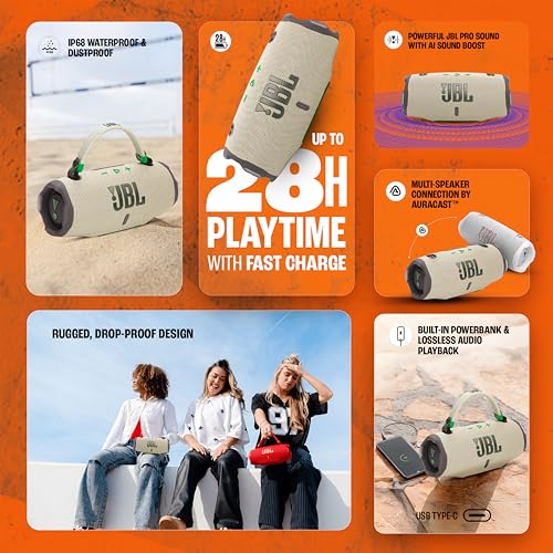 Image of JBL Charge 6, Powerful Pro Sound with AI Sound Boost Wireless Portable Bluetooth Speaker,28 Hrs Playtime, Auracast Multi-Speaker Connection, Built in Power Bank, IP68 Waterproof & dustproof, Sand