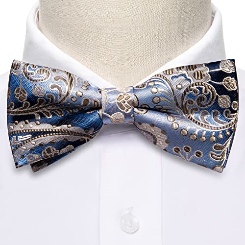 Image of Barry.Wang Paisley Striped Bow Tie for Men Silk Pre-Tied Bowtie Pocket Square Cufflinks Set Formal Wedding Party Prom