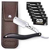 Professionelles Rasiermesser mit Wechselklingen für Bart & Konturen   Klassischer Straight Razor für Herren   Inklusive 30 Edelstahl Doppelklingen & Etui in Leder Optik (Silber)