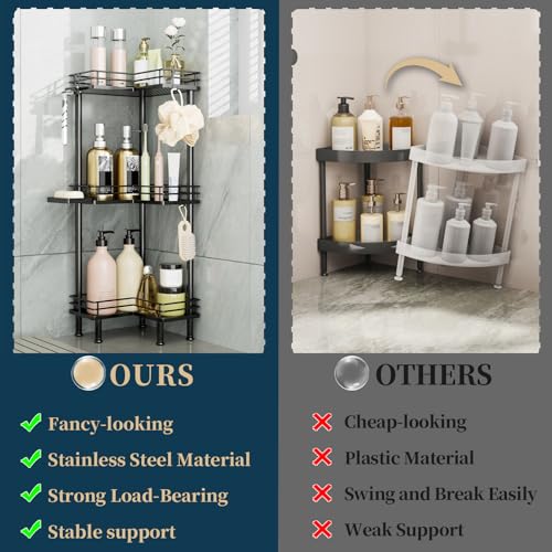 Image of Consumest Corner Shower Caddy Standing - 3-Tier Stainless Steel Shower Organizer with Soap Holder and 4 Hooks, Large Capacity Corner Shelf Stand for Bathroom, Rest Room, Black