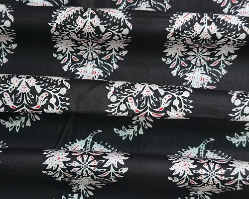 Image of 2 Meter Hand Block Indian Cotton Unstitched Jaipuri Handmade Digital Printed Fabric Material for Women Kurta /Blouse /Palazzos /Piece Material for Women's (Black Buta)
