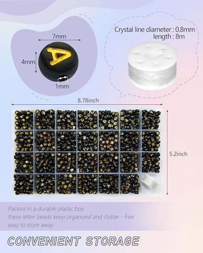 Image of Looconi 1400pcs 4x7mm Black Letter Beads Round Acrylic with Gold Alphabet A-Z Heart Pattern Beads and Crystal Line for Jewelry Making (Black&Gold)
