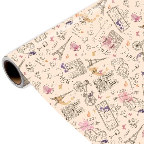 Joviwrap Paris Wrapping Paper Roll France Themed Gift Wrap with Eiffel Tower Arc de Triomphe Notre-Dame Vintage Elements for Travel Lovers Birthdays 17 Inch x 16.4 Feet