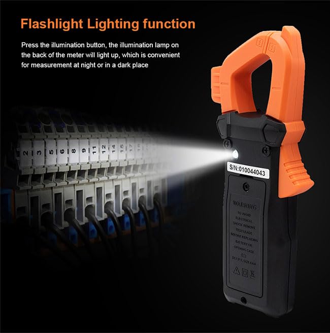 Image showing the 606E clamp meter's flashlight illuminating a dark electrical panel, with text 'Flashlight Lighting function'.