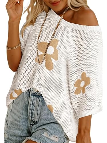 Image of Crochet Tops for Women Short Sleeve Off The Shoulder Sweater Top Crochet Swimsuit Coverup for Beach Vacation Outfits White Flower S