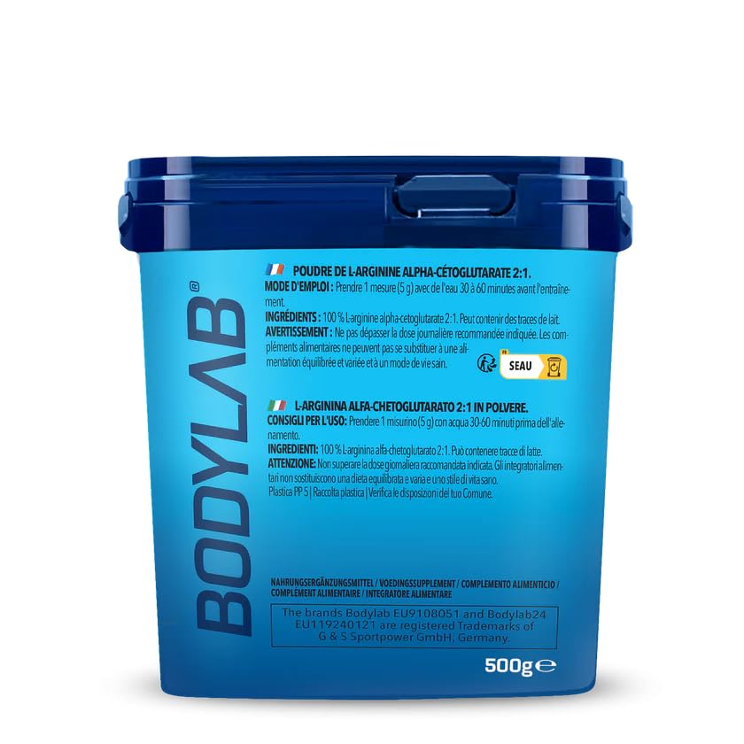 Bodylab24 AAKG Arginina Alfa Chetoglutarato 500 g di polvere in rapporto 2:1, integratore pre-allenamento, insapore, senza zucchero