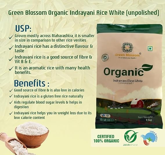 Green Blossom Organic Indrayani White Rice, Medium Grain, Unpolished, For Daily Use (Pack Of 3) 3
