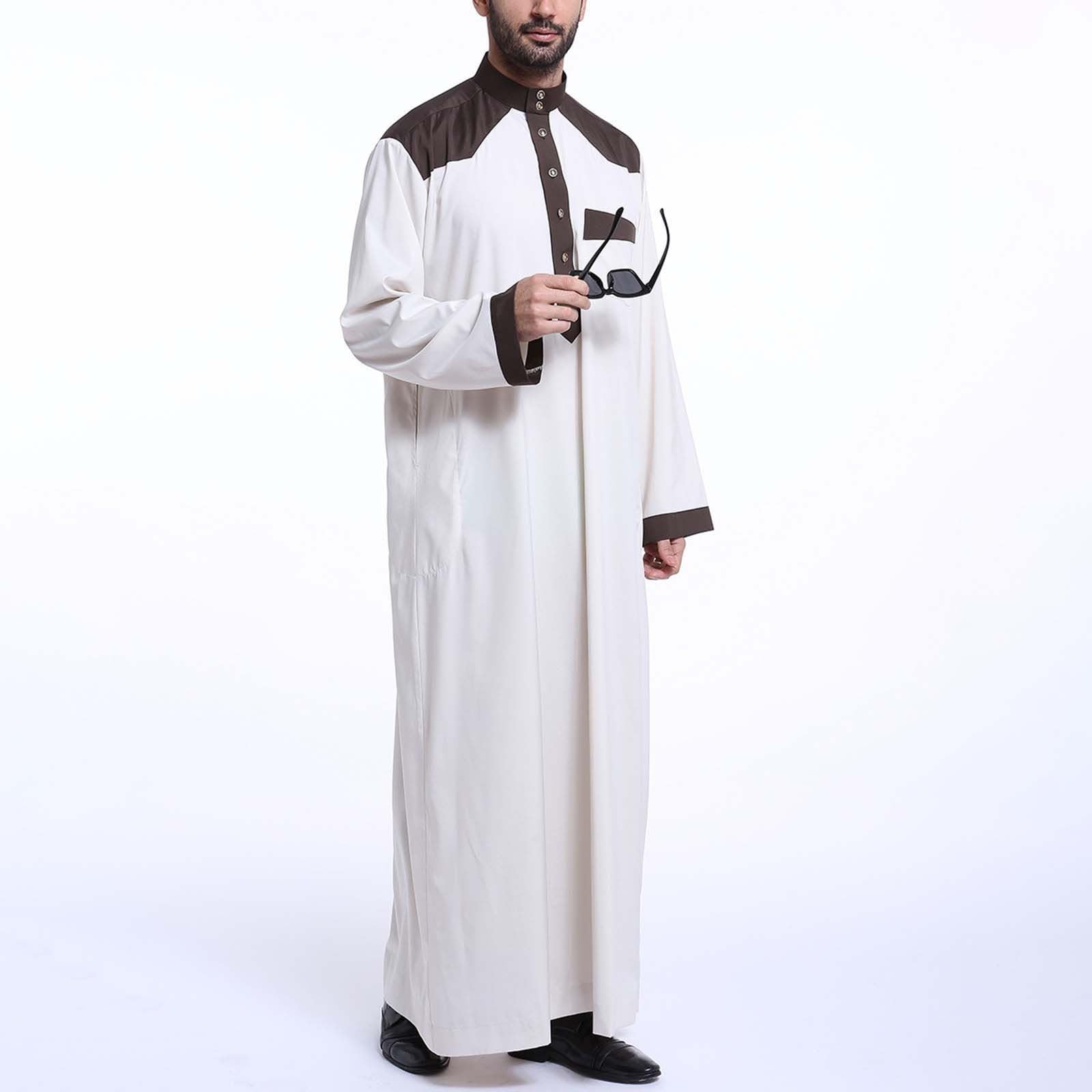 Męski muzułmański Thobe Jubba Kaftan, islamski szlafrok z długim rękawem z kontrastowym kołnierzem i kieszenią, tradycyjna arabska odzież modlitewna na meczet Eid Ramadan